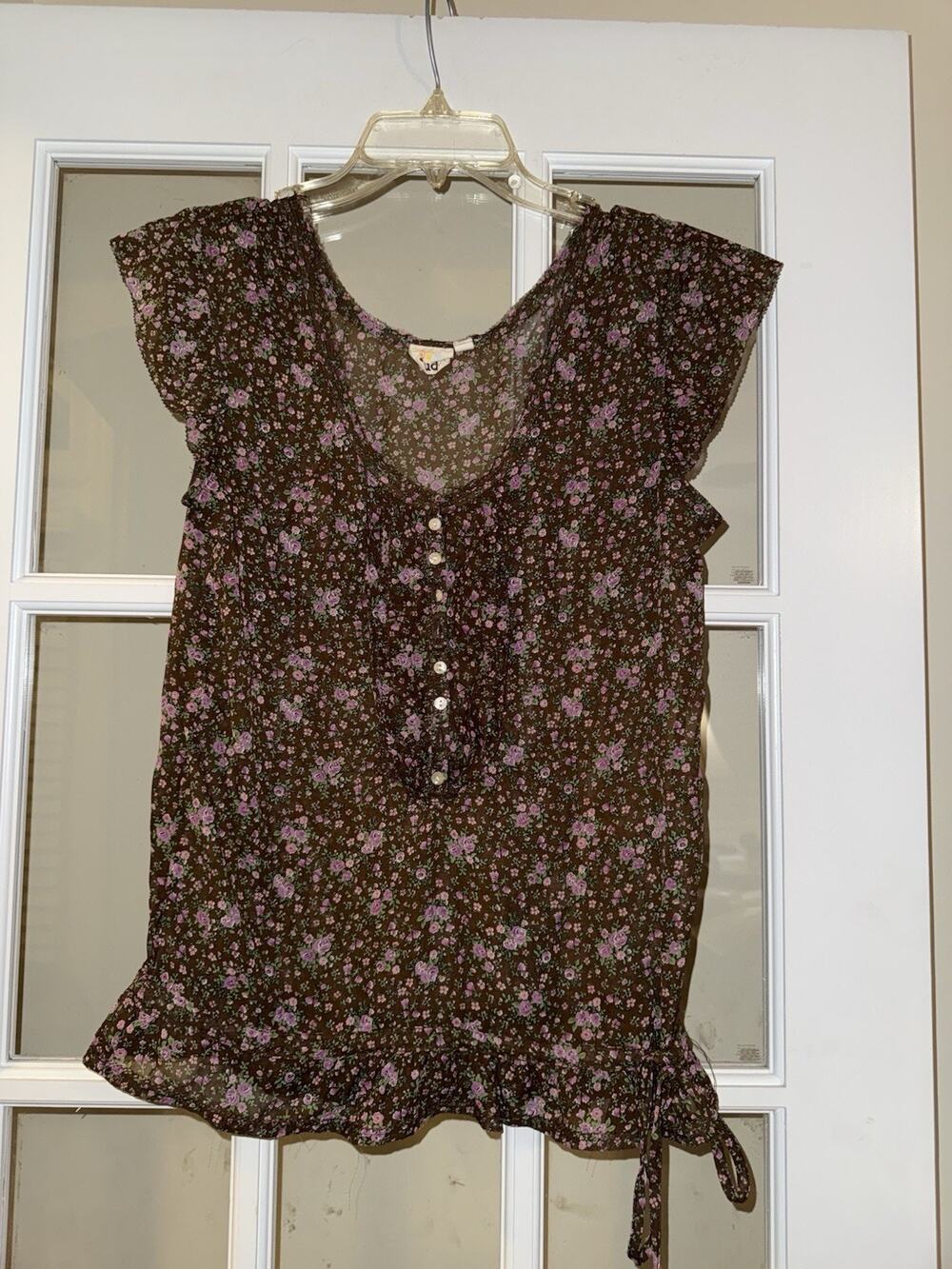 Mudd Women’s Brown Floral Gardener Flounce Blouse Ruffle Y2K Dainty Sheer Large